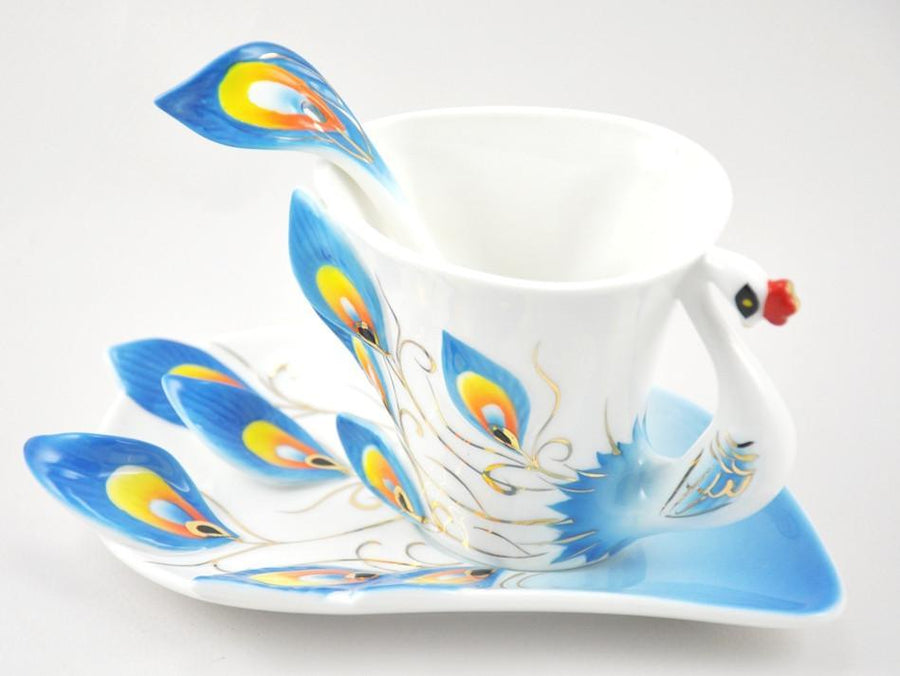 Peacock Cup and Saucer Set (blue feather)